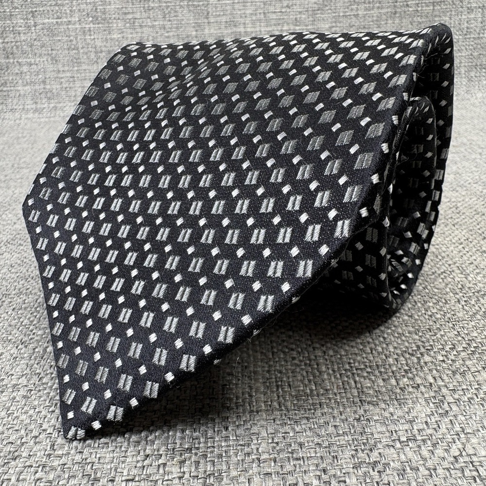 Chas Reed & Co Black Silver Geometric Square Dot 100% Silk Hand Made Necktie